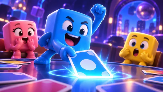 Cube characters cheering over a table of glowing cards
