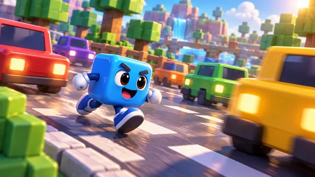 A blue cube character dashing across a road between cars