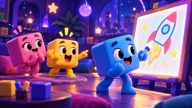 Cube characters guessing a rocket drawn on an easel