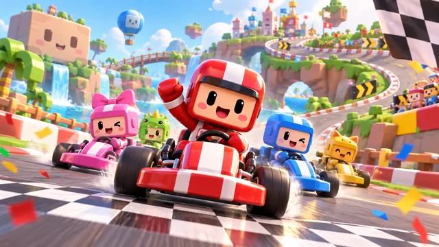A red kart with a cheering driver leading a pack on a checkered track