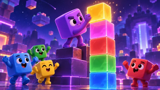 Cube characters watching a tower of glowing blocks rise