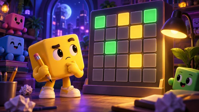 A yellow cube character thinking in front of a letter grid