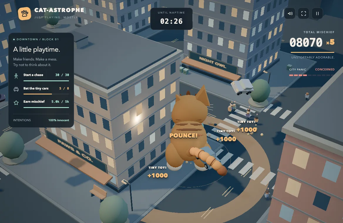 Cat-Astrophe in play: a giant ginger cat pouncing in a toy-like city, with a score of 08070 and a timer