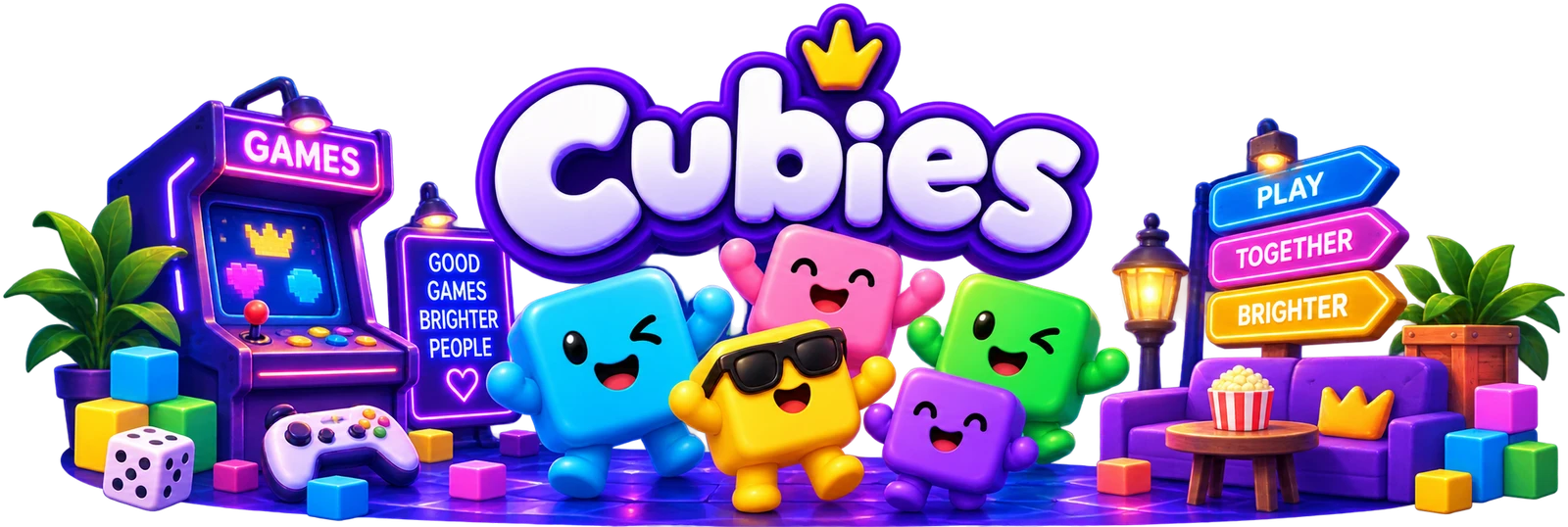 The Cubies crew of colourful cube characters around an arcade cabinet, a sofa and a signpost reading Play Together Brighter