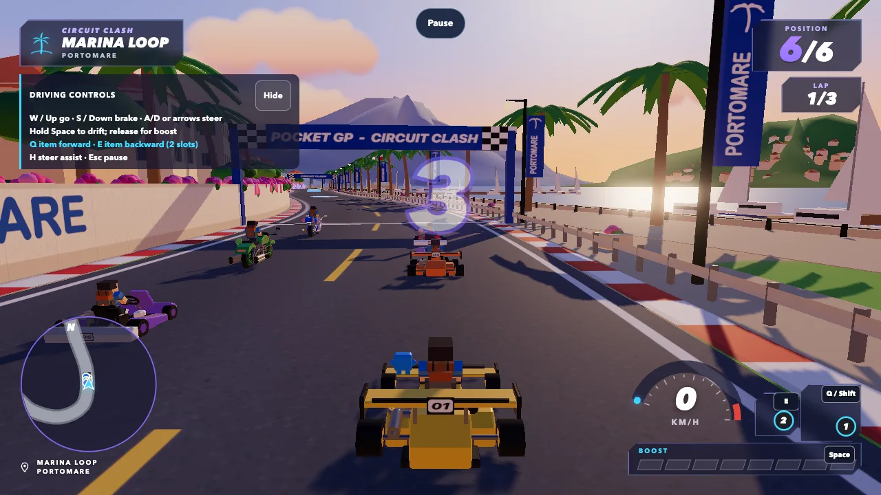 Pocket GP: a yellow open-wheel kart on the start line of the Marina Loop, with palms, a harbour and five rivals ahead